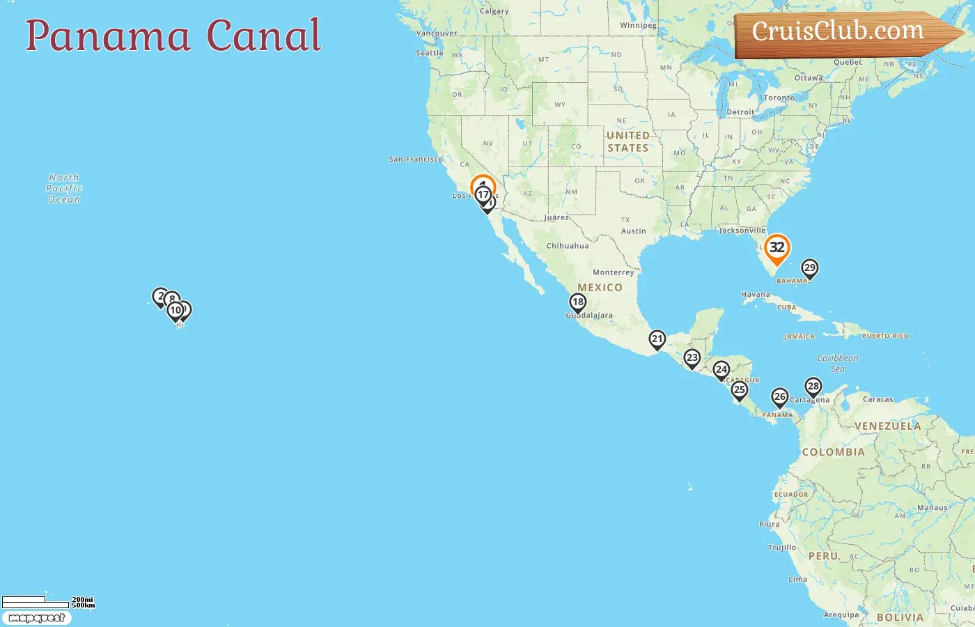 Cruise in the Panama Canal from San Diego to Fort Lauderdale aboard Zaandam ship with visits to USA, Mexico, Guatemala, Nicaragua, Costa Rica, Panama, Colombia, and Bahamas for 32 days