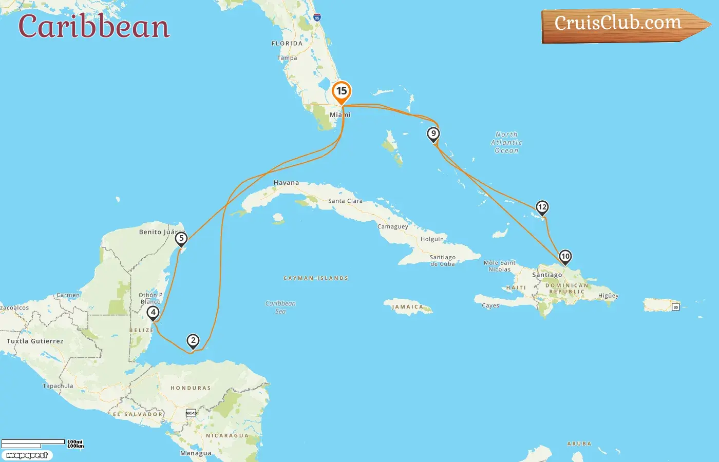 Cruise in the Caribbean from Fort Lauderdale aboard Sun Princess ship with visits to USA, Honduras, Belize, Mexico, Bahamas, and Dominican Republic for 15 days