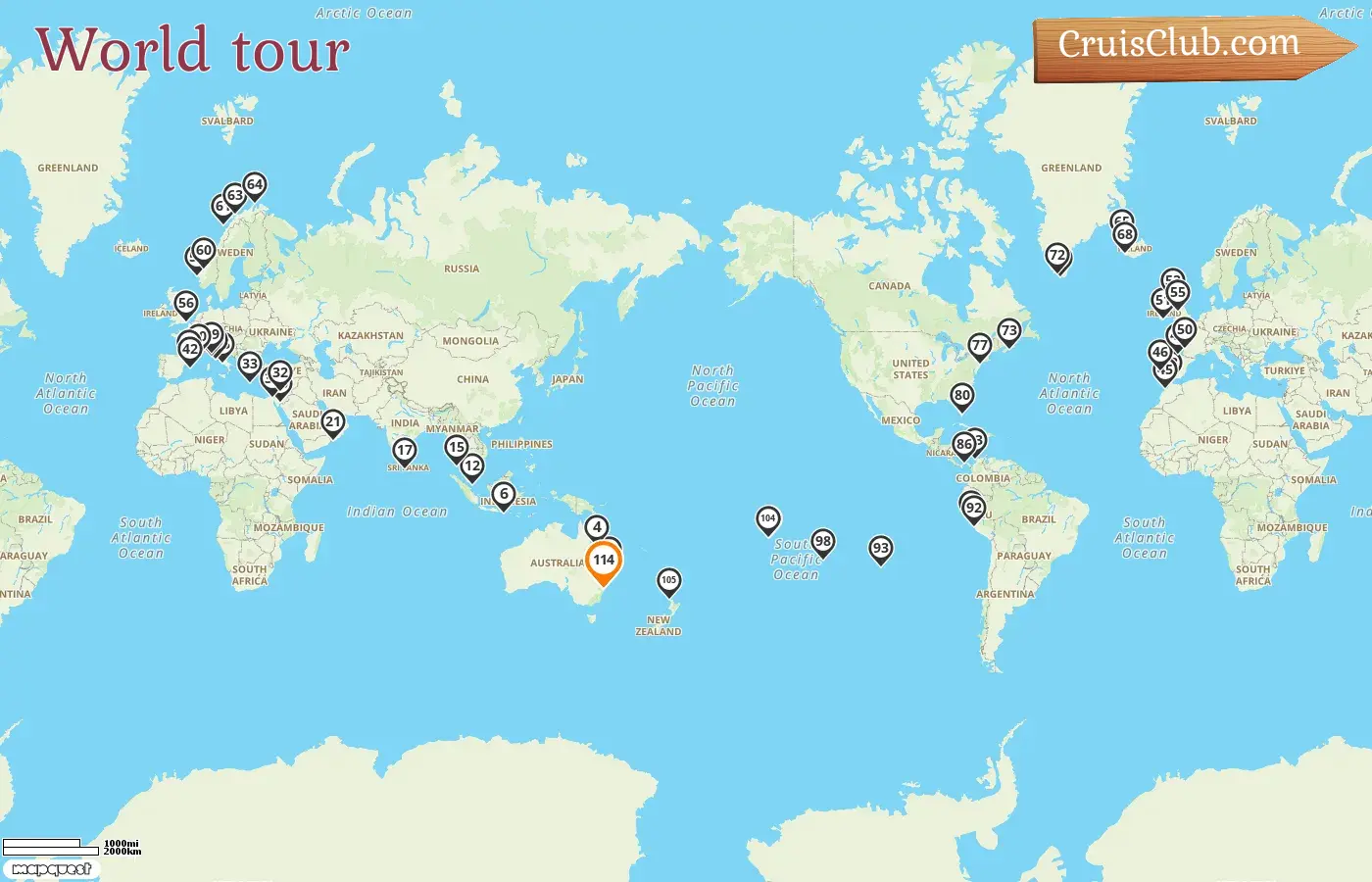 Cruise in the World tour from Sydney aboard Crown Princess ship with visits to Australia, Indonesia, Singapore, Thailand, Sri Lanka, Oman, Jordan, Egypt, Israel, Greece, Italy, France, Spain, Morocco, Portugal, Ireland, Norway, Iceland, Greenland, Canada, USA, Colombia, Panama, Peru, Chile, Pitcairn, French Polynesia, and New Zealand for 114 days