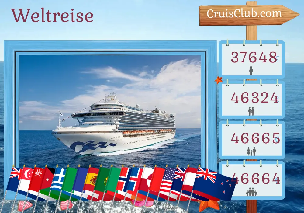 Kreuzfahrt auf der Welttour von Sydney an Bord des Crown-Princess-Schiffs mit Besuchen in Australien, Indonesien, Singapur, Thailand, Sri Lanka, Oman, Jordanien, Ägypten, Israel, Griechenland, Italien, Frankreich, Spanien, Marokko, Portugal, Irland, Norwegen, Island, Grönland, Kanada, USA, Kolumbien, Panama, Peru, Chile, Pitcairn, Französisch-Polynesien und Neuseeland für 114 Tage