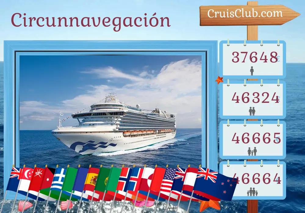 Crucero en el tour mundial desde Sydney a bordo del barco Crown Princess con visitas a Australia, Indonesia, Singapur, Tailandia, Sri Lanka, Omán, Jordania, Egipto, Israel, Grecia, Italia, Francia, España, Marruecos, Portugal, Irlanda, Noruega, Islandia, Groenlandia, Canadá, Estados Unidos, Colombia, Panamá, Perú, Chile, Pitcairn, Polinesia Francesa y Nueva Zelanda durante 114 días
