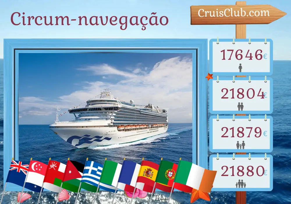 Cruzeiro no passeio mundial de Sydney a Dover a bordo do navio Crown Princess com visitas à Austrália, Indonésia, Singapura, Tailândia, Sri Lanka, Omã, Jordânia, Egito, Israel, Grécia, Itália, França, Espanha, Marrocos, Portugal e Irlanda por 57 dias