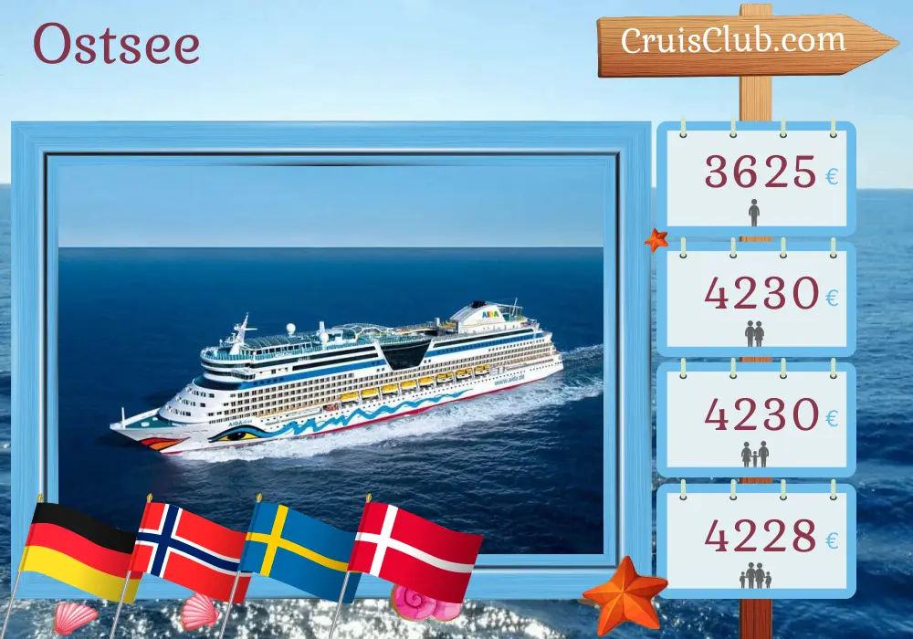 Ostseereise ab Warnemünde an Bord des Schiffes AIDAdiva mit Besuchen in Deutschland, Norwegen, Schweden, Polen und Dänemark für 15 Tage