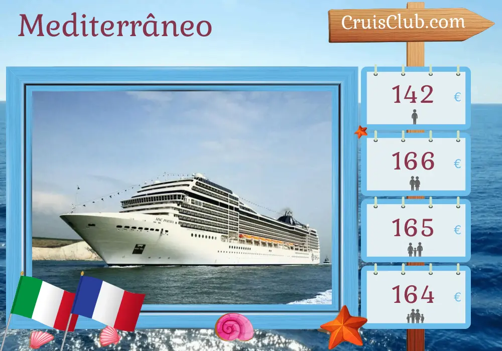 Cruzeiro no Mediterrâneo de Civitavecchia a Marselha a bordo do navio MSC Poesia com visitas à Itália e França por 3 dias