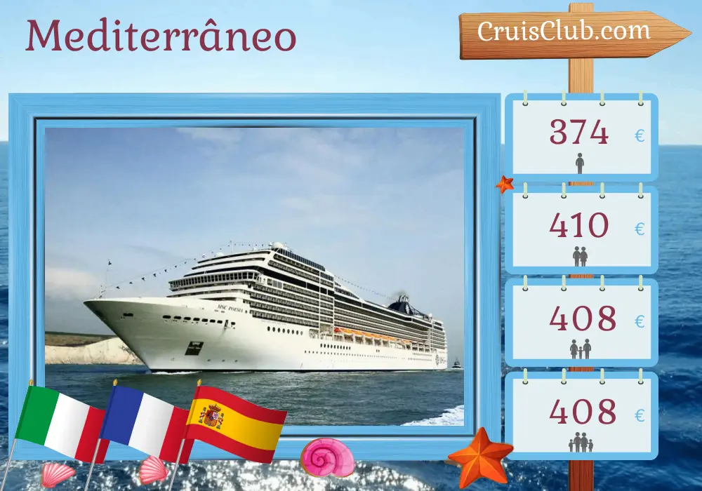 Cruzeiro no Mediterrâneo de Civitavecchia para Barcelona a bordo do navio MSC Poesia com visitas à Itália, França e Espanha por 4 dias