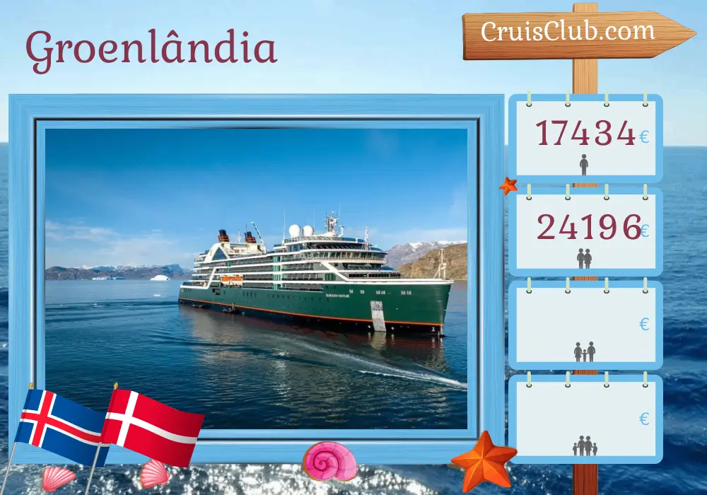 Cruzeiro na Groenlândia de Reykjavik a Kangerlussuaq a bordo do navio Seabourn Venture com visitas à Islândia, Dinamarca e Groenlândia por 16 dias