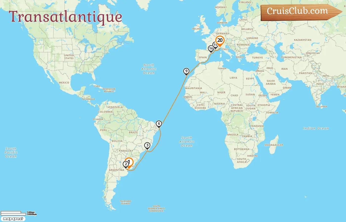 Croisière transatlantique de Montevideo à Savone à bord du navire Costa Fascinosa avec des visites en Uruguay, en Argentine, au Brésil, en Espagne, en France et en Italie pendant 20 jours