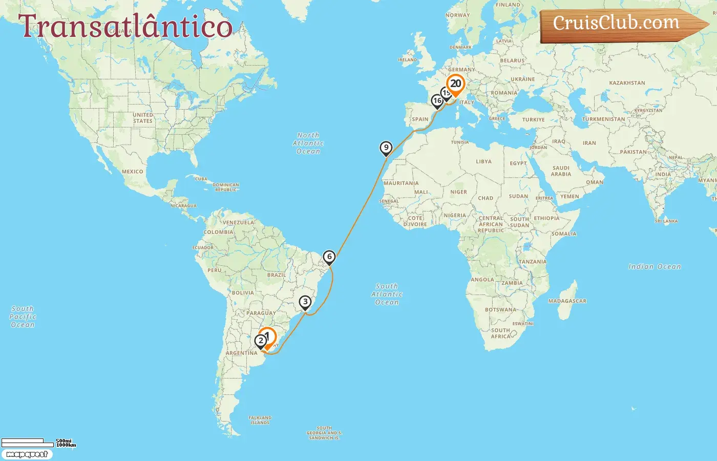 Transatlântico de Montevideo a Savona a bordo do navio Costa Fascinosa com visitas ao Uruguai, Argentina, Brasil, Espanha, França e Itália por 20 dias