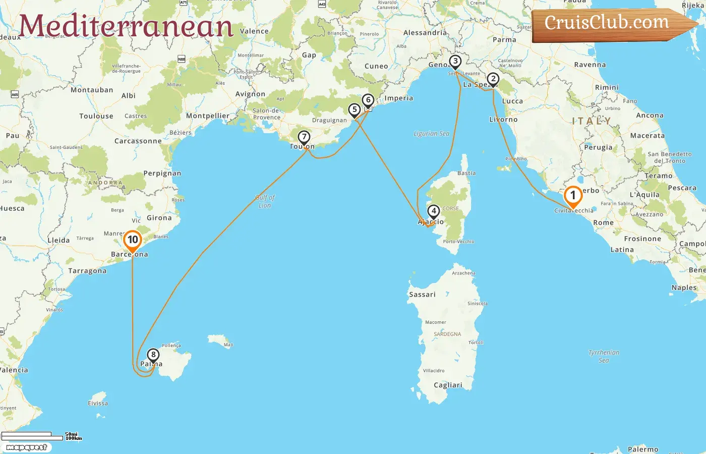 Cruise in the Mediterranean from Civitavecchia to Barcelona aboard Serenade of the Seas ship with visits to Italy, France, and Spain for 10 days