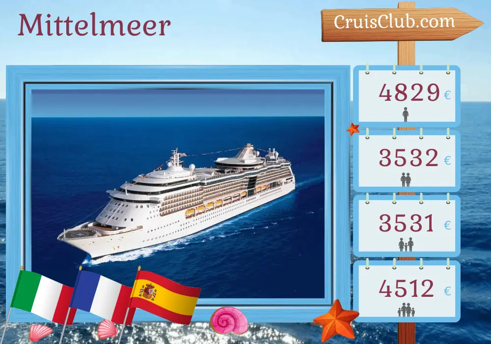 Kreuzfahrt im Mittelmeer von Civitavecchia nach Barcelona an Bord des Schiffs Serenade of the Seas mit Besuchen in Italien, Frankreich und Spanien für 10 Tage