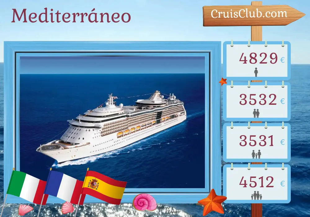 Crucero por el Mediterráneo desde Civitavecchia hasta Barcelona a bordo del barco Serenade of the Seas con visitas a Italia, Francia y España durante 10 días