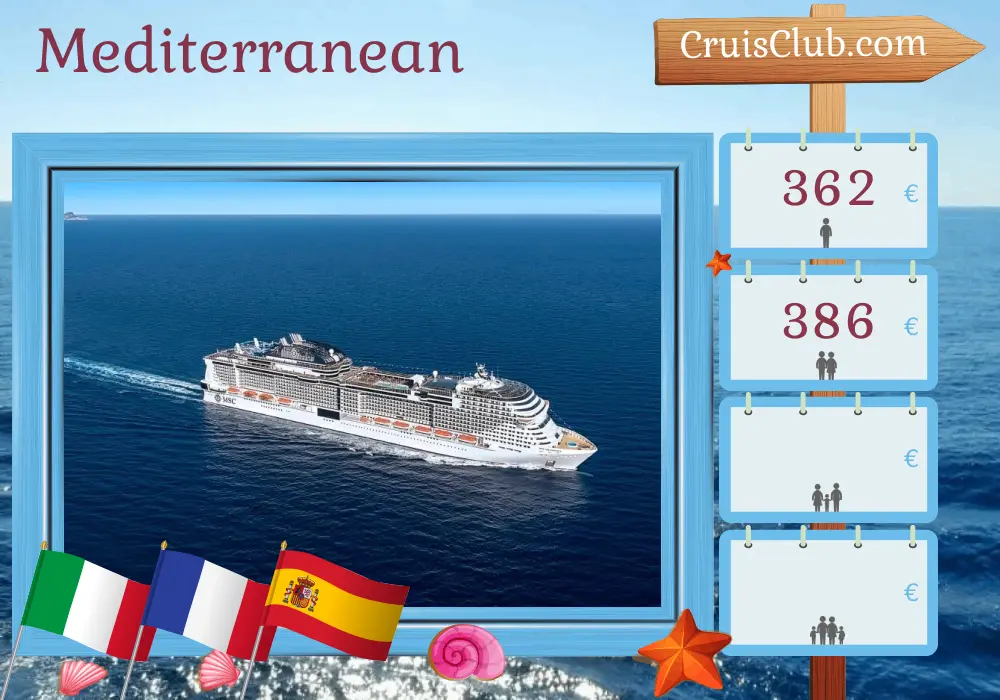 Cruise in the Mediterranean from Genoa to Barcelona aboard MSC Grandiosa ship with visits to Italy, France, and Spain for 3 days