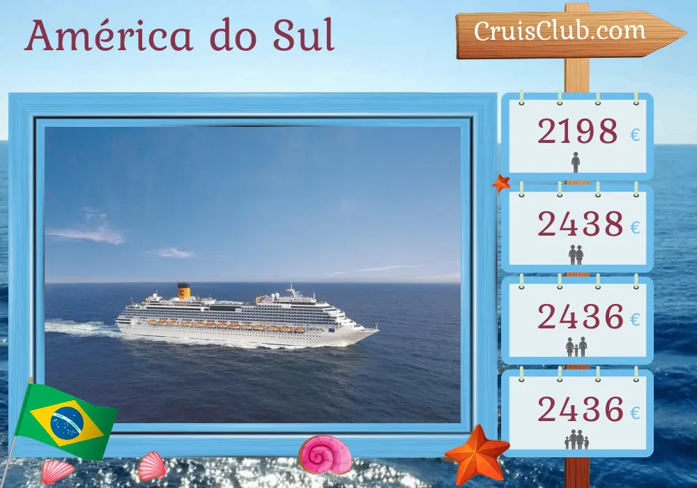 Cruzeiro na América do Sul a partir de Buenos Aires a bordo do navio Costa Fascinosa com visitas à Argentina, Brasil e Uruguai por 8 dias