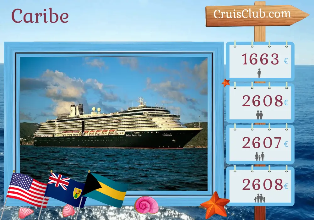 Cruzeiro no Caribe a partir de Fort Lauderdale a bordo do navio Zuiderdam com visitas aos EUA, Porto Rico e Bahamas por 8 dias