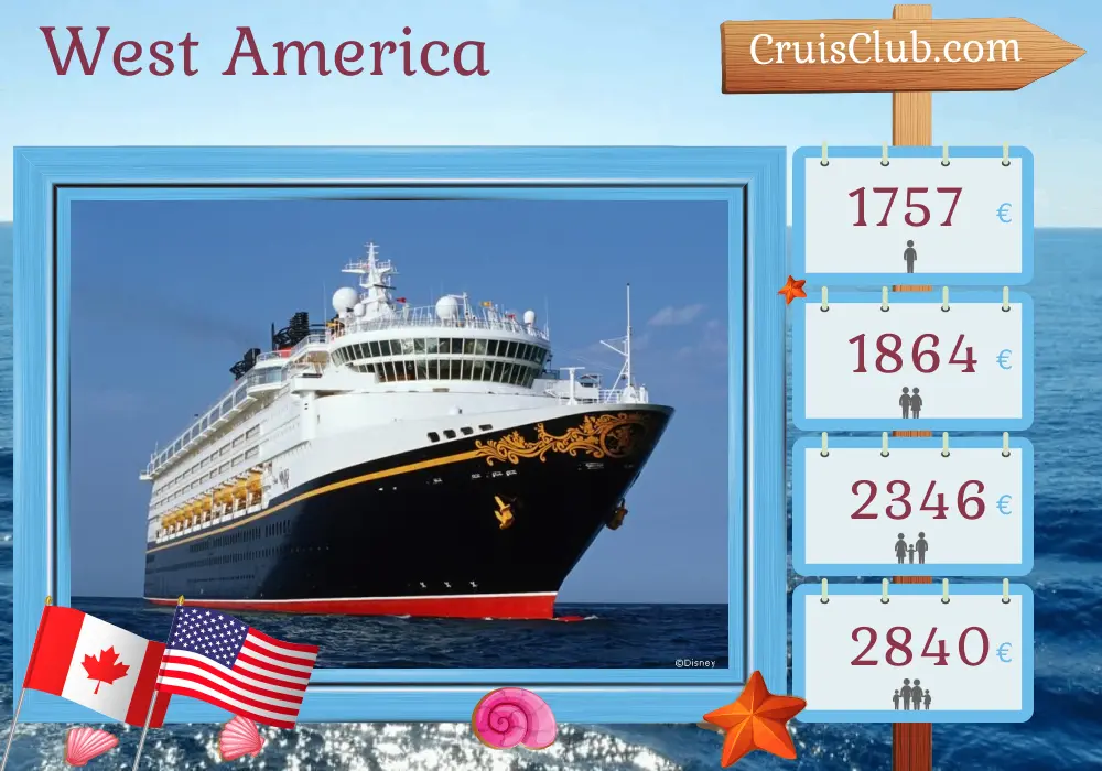 Cruise in the West America from Vancouver to San Diego aboard Disney Wonder ship with visits to Canada and USA for 5 days