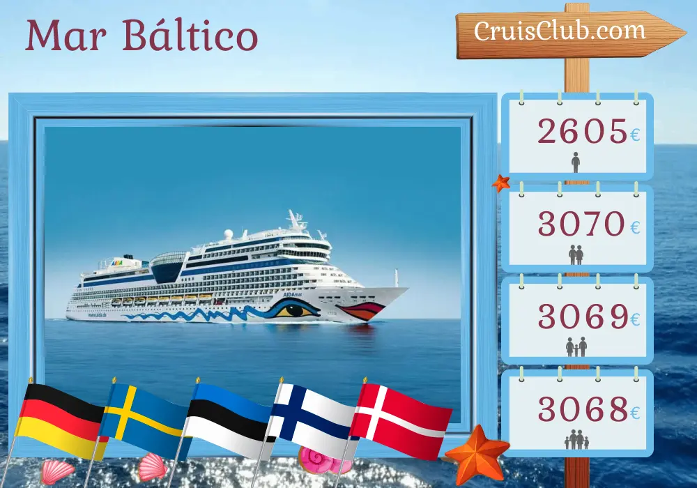 Cruzeiro no Mar Báltico a partir de Warnemünde a bordo do navio AIDAmar com visitas à Alemanha, Suécia, Estônia, Finlândia, Polônia e Dinamarca por 10 dias