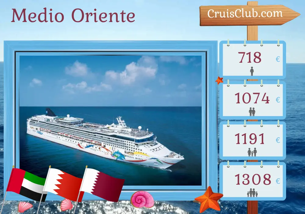 Crucero en Oriente Medio de Dubái a Doha a bordo del barco Norwegian Dawn con visitas a los Emiratos Árabes Unidos, Bahrein, Arabia Saudita y Qatar durante 8 días