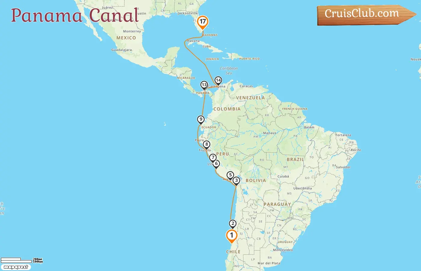 Cruise in the Panama Canal from San Antonio to Miami aboard Norwegian Sun ship with visits to Chile, Peru, Ecuador, Panama, Colombia, and USA for 17 days