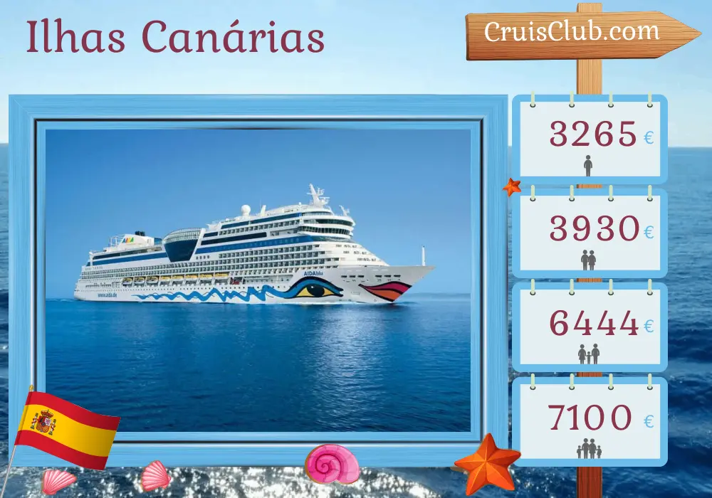 Cruzeiro nas Ilhas Canárias de Las Palmas para Puerto del Rosario a bordo do navio AIDAblu com visitas à Espanha por 13 dias
