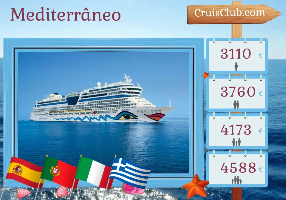 Cruzeiro no Mediterrâneo de Las Palmas a Corfu a bordo do navio AIDAblu com visitas à Espanha, Portugal, Itália e Grécia por 14 dias