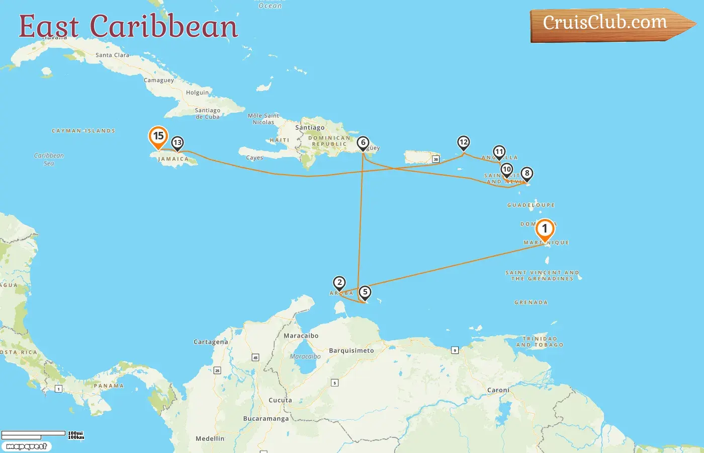 Cruise in the East Caribbean from Fort-de-France to Montego Bay aboard AIDAluna ship with visits to Martinique, Aruba, Curaçao, Dominican Republic, Saint Kitts and Nevis, British Virgin Islands, and Jamaica for 15 days