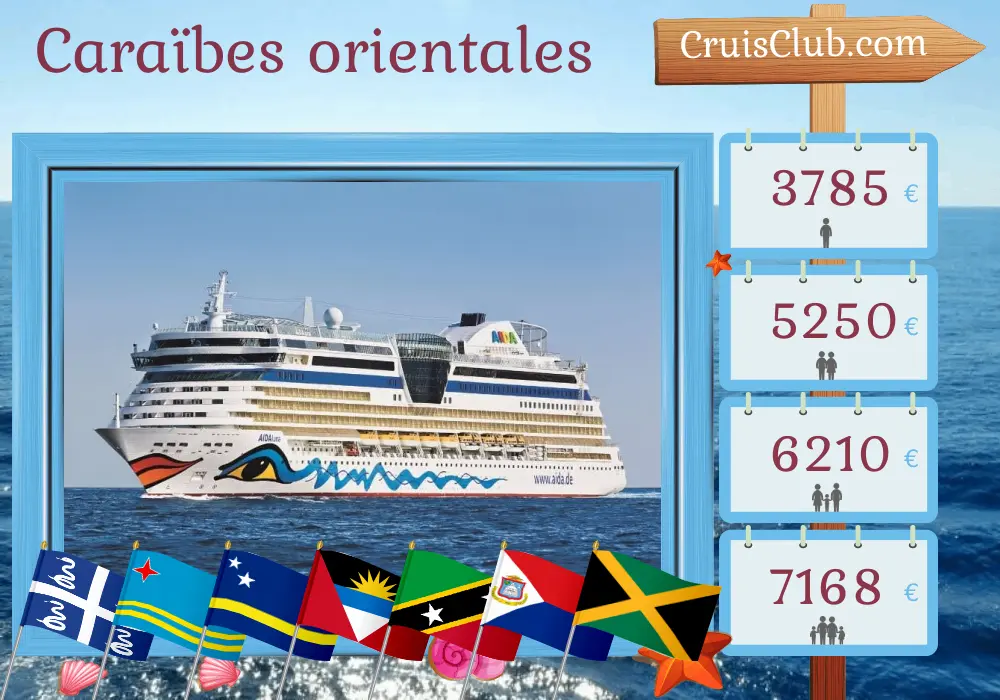 Croisière dans les Caraïbes de l`Est de Fort-de-France à Montego Bay à bord du navire AIDAluna avec des visites en Martinique, à Aruba, à Curaçao, en République dominicaine, à Saint-Christophe-et-Niévès, aux Îles Vierges britanniques et en Jamaïque pendant 15 jours