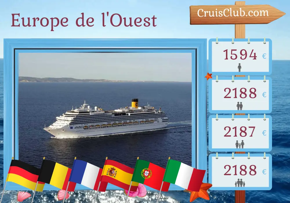 Croisière en Europe de l`Ouest de Hambourg à Savone à bord du navire Costa Favolosa avec des visites en Allemagne, en Belgique, en France, en Espagne, au Portugal et en Italie pendant 13 jours
