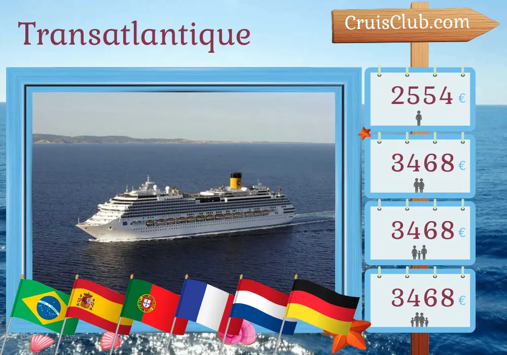 Croisière transatlantique de Santos à Hambourg à bord du navire Costa Favolosa avec escales au Brésil, en Espagne, au Portugal, en France, aux Pays-Bas et en Allemagne pendant 23 jours