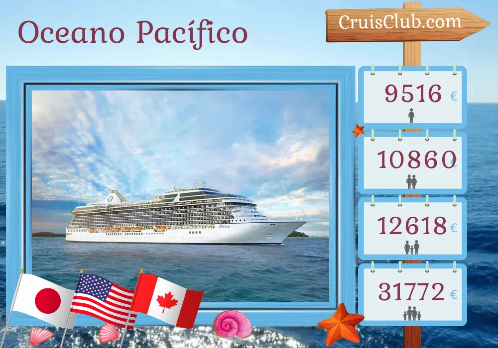 Cruzeiro no Oceano Pacífico de Tóquio para Seattle a bordo do navio Oceania Riviera com visitas ao Japão, EUA e Canadá por 21 dias