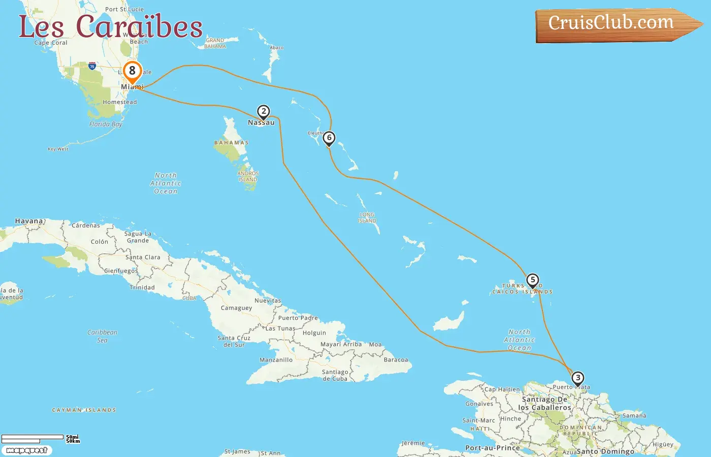Croisière dans les Caraïbes au départ de Miami à bord du navire Zuiderdam avec des escales aux États-Unis, aux Bahamas et en République dominicaine pendant 8 jours
