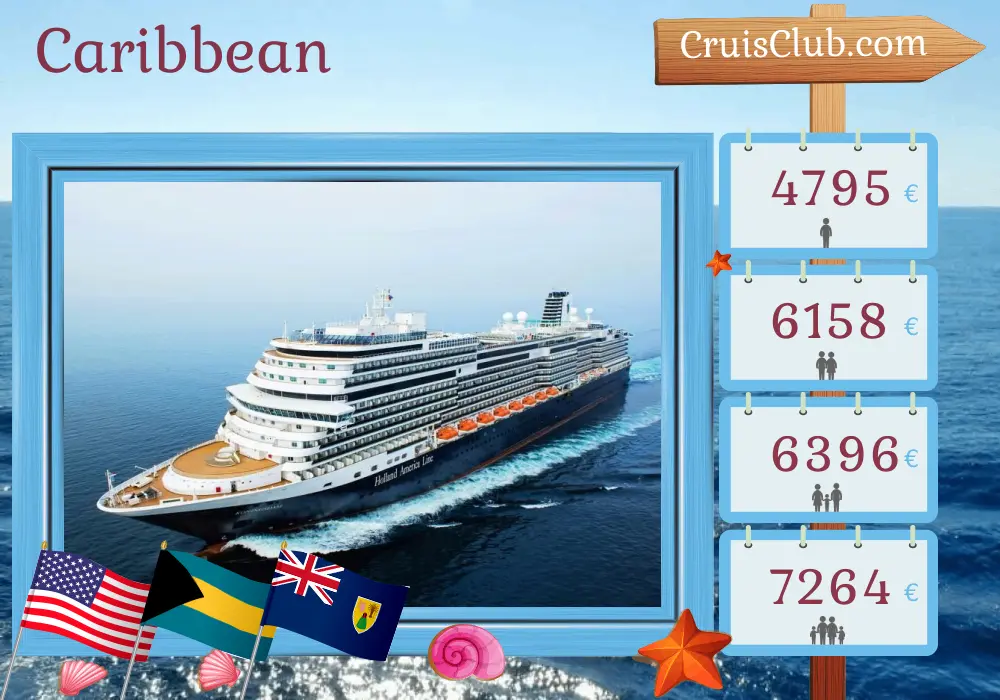 Cruise in the Caribbean from Fort Lauderdale aboard Koningsdam ship with visits to USA, Bahamas, Dominican Republic, and Puerto Rico for 15 days
