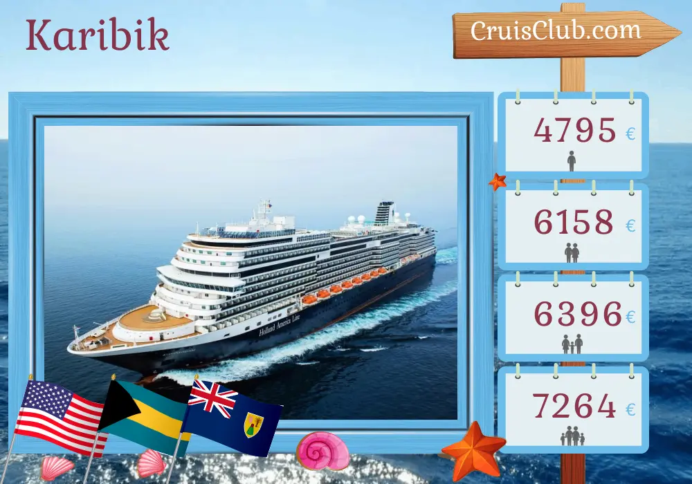Kreuzfahrt in die Karibik von Fort Lauderdale an Bord des Schiffes Koningsdam mit Stopps in den USA, den Bahamas, der Dominikanischen Republik und Puerto Rico für 15 Tage