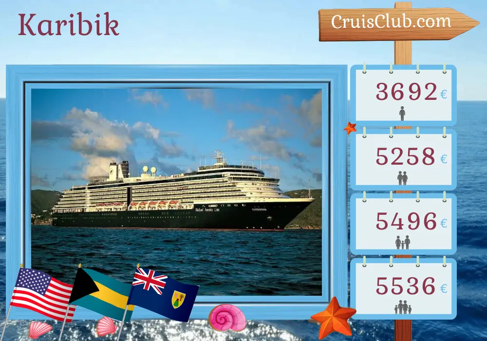 Kreuzfahrt in der Karibik von Miami an Bord des Schiffes Zuiderdam mit Besuchen in den USA, den Bahamas, der Dominikanischen Republik und Puerto Rico für 15 Tage