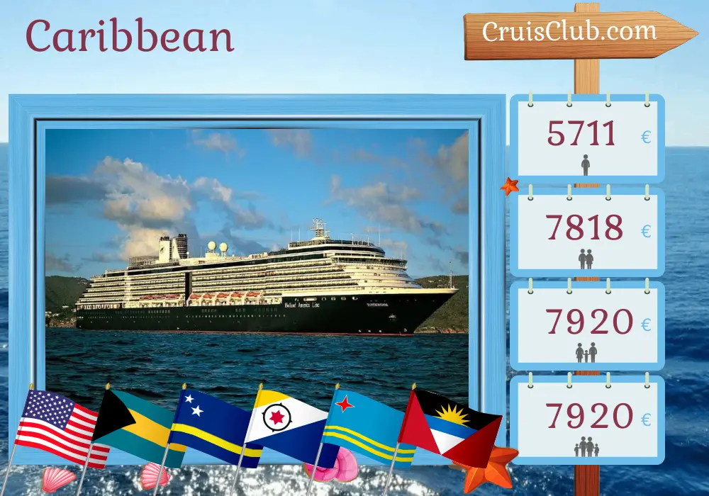 Cruise in the Caribbean from Miami aboard Zuiderdam ship with visits to USA, Bahamas, Dominican Republic, Curaçao, and Aruba for 22 days