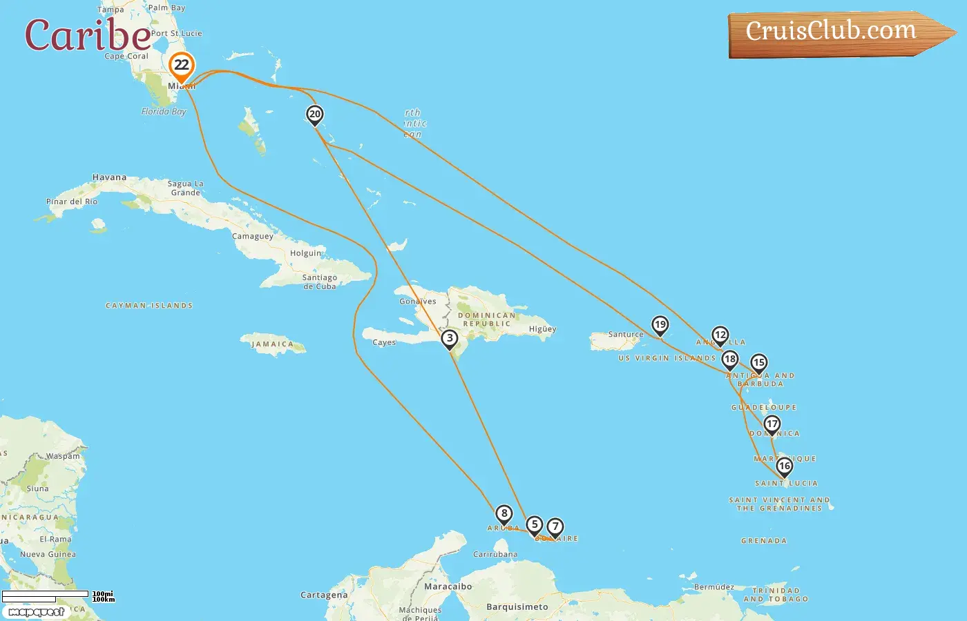 Cruzeiro no Caribe de Miami a bordo do navio Zuiderdam com visitas aos EUA, Bahamas, República Dominicana, Curaçao e Aruba por 22 dias