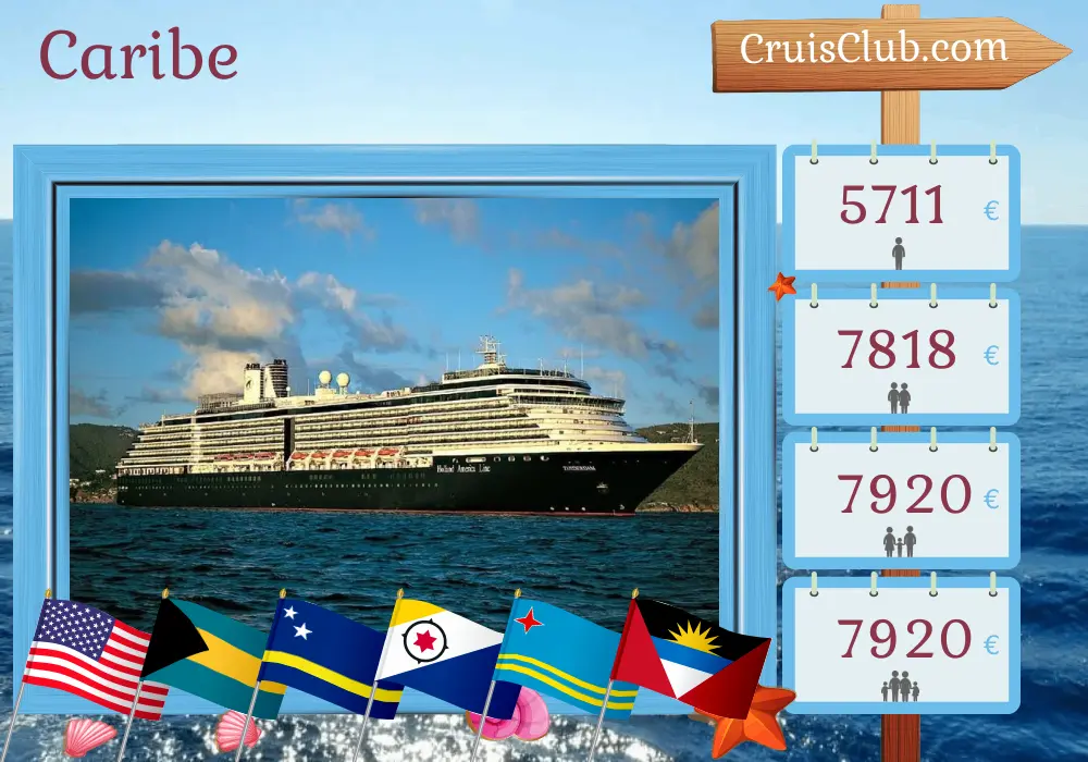 Cruzeiro no Caribe de Miami a bordo do navio Zuiderdam com visitas aos EUA, Bahamas, República Dominicana, Curaçao e Aruba por 22 dias