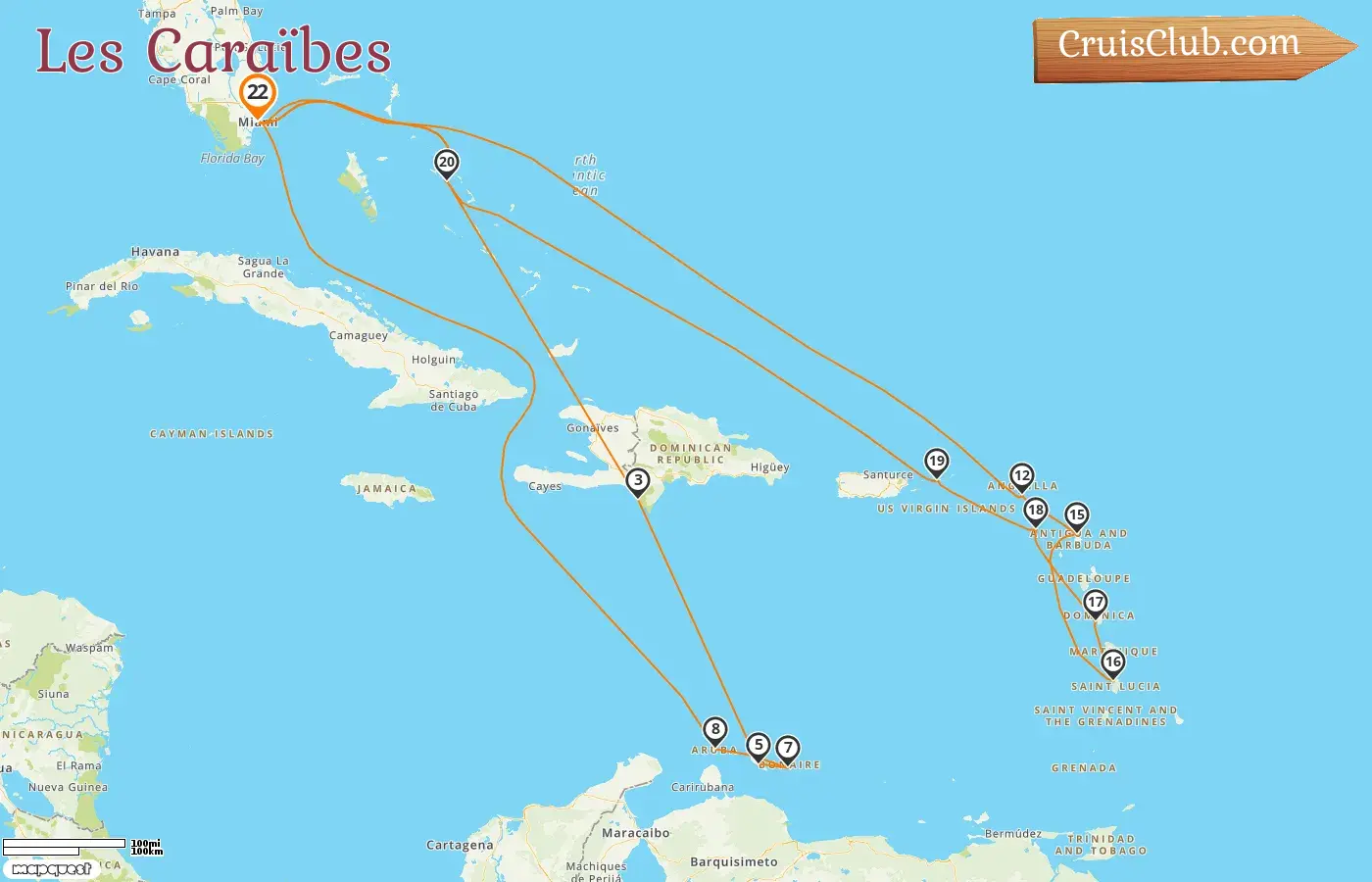 Croisière dans les Caraïbes au départ de Miami à bord du navire Zuiderdam avec des escales aux États-Unis, aux Bahamas, en République dominicaine, à Curaçao et à Aruba pendant 22 jours