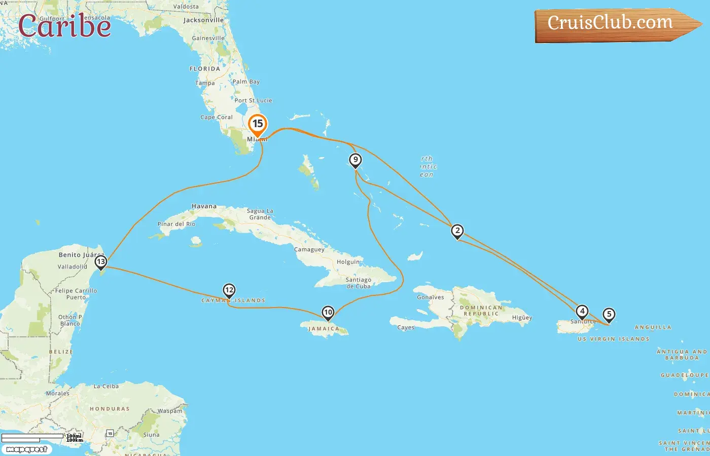 Crucero por el Caribe desde Miami a bordo del barco Zuiderdam con visitas a EE. UU., Puerto Rico, Bahamas, Jamaica, Islas Caimán y México por 15 días