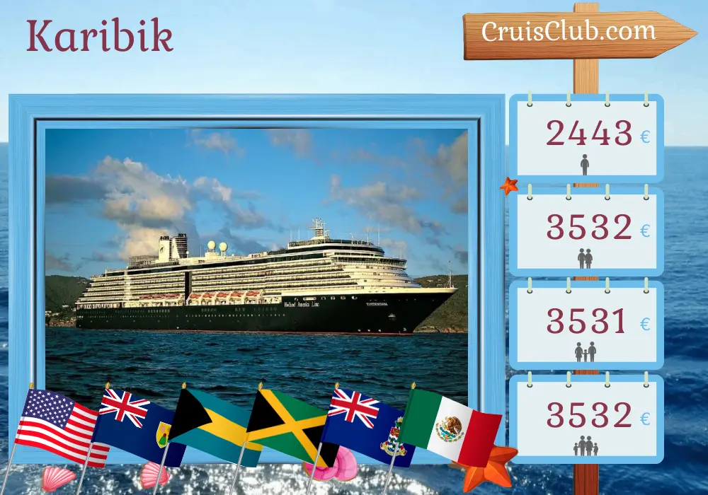 Kreuzfahrt in der Karibik ab Miami an Bord des Schiffes Zuiderdam mit Stopps in den USA, Puerto Rico, Bahamas, Jamaika, Kaimaninseln und Mexiko für 15 Tage