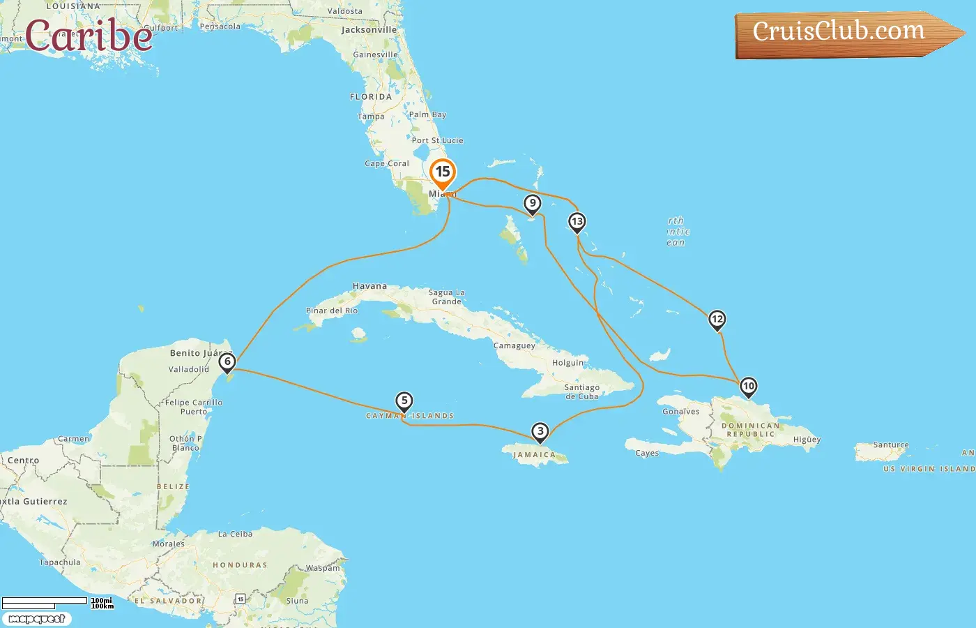 Crucero por el Caribe desde Miami a bordo del barco Zuiderdam con visitas a EE. UU., Bahamas, Jamaica, Islas Caimán, México y República Dominicana durante 15 días