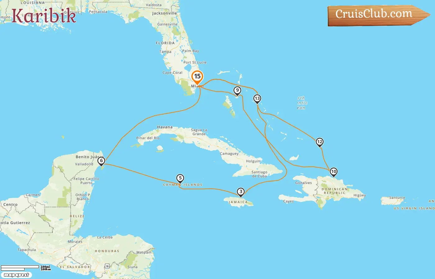 Kreuzfahrt in der Karibik ab Miami an Bord des Schiffes Zuiderdam mit Stopps in den USA, den Bahamas, Jamaika, den Kaimaninseln, Mexiko und der Dominikanischen Republik für 15 Tage