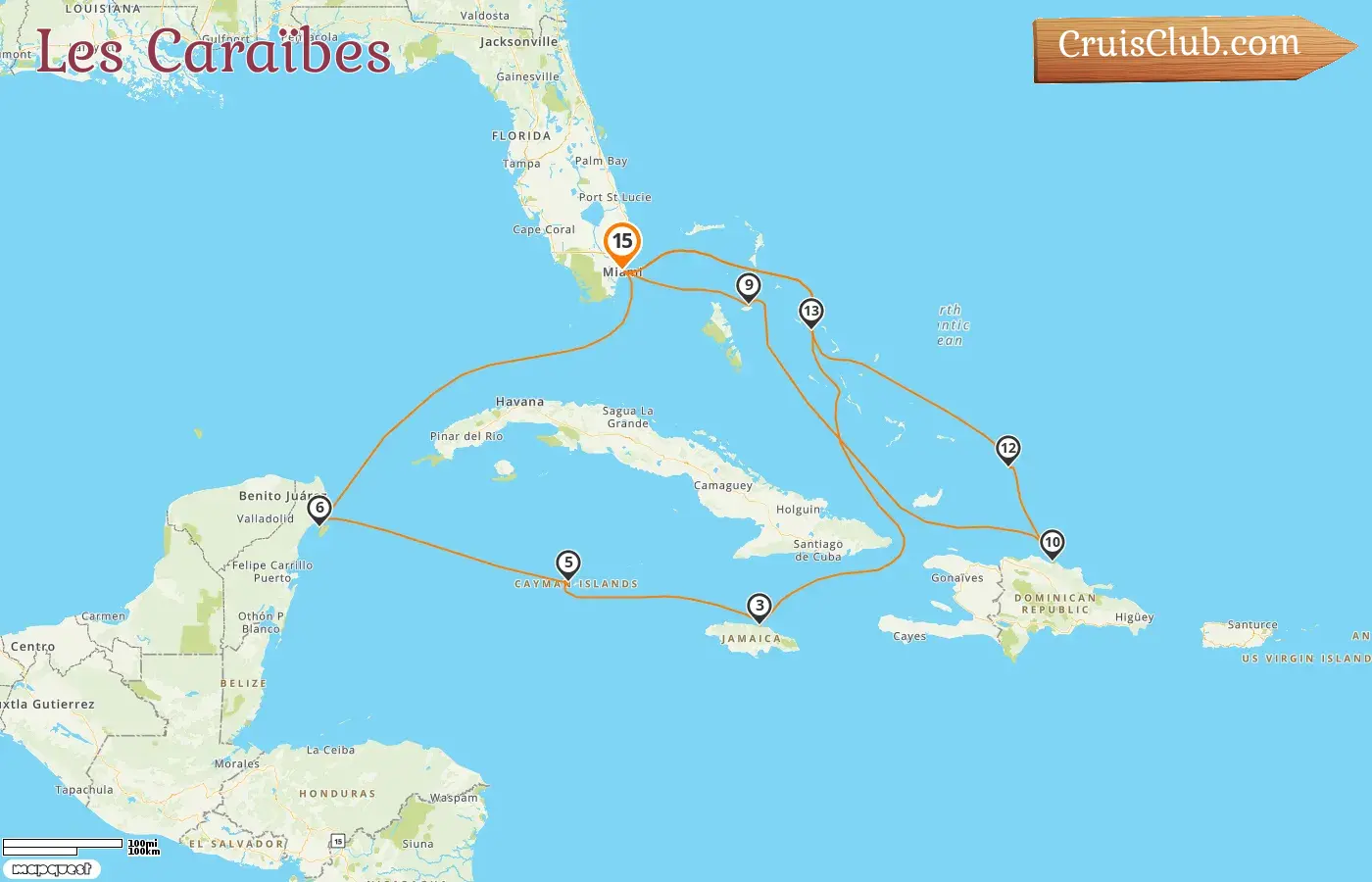 Croisière dans les Caraïbes depuis Miami à bord du navire Zuiderdam avec escales aux États-Unis, aux Bahamas, en Jamaïque, aux îles Caïmans, au Mexique et en République dominicaine pendant 15 jours