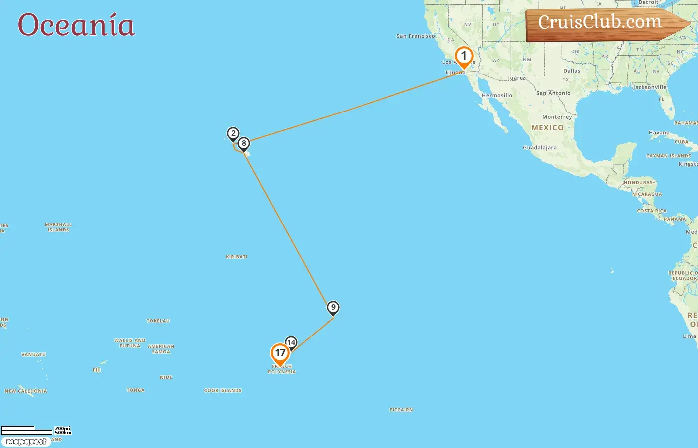 Crucero por el Pacífico Sur desde San Diego a Papeete a bordo del barco Oceania Vista con visitas a Estados Unidos y Polinesia Francesa durante 17 días