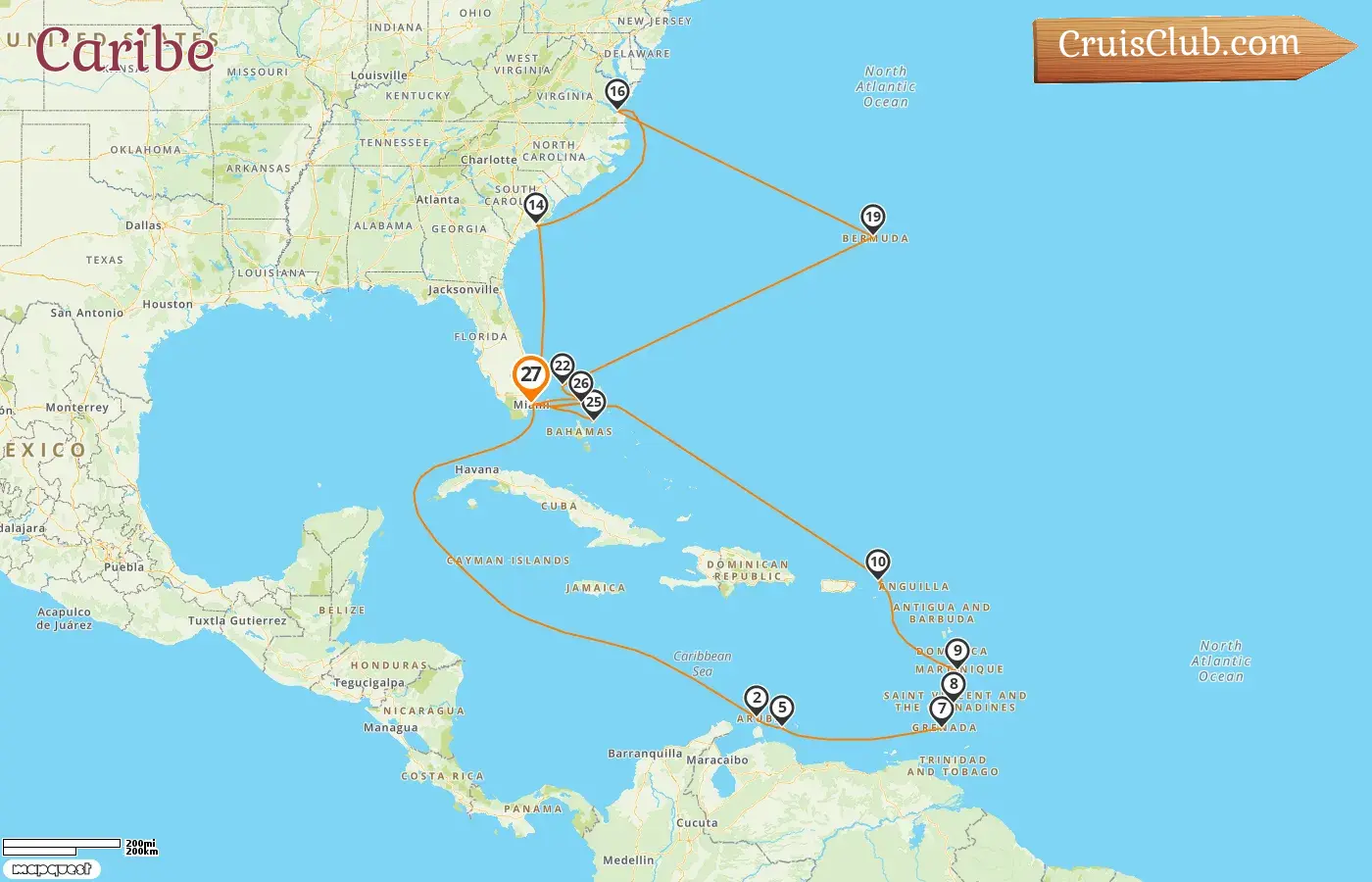 Crucero por el Caribe desde Miami a bordo del barco Oceania Allura con visitas a Estados Unidos, Aruba, Curazao, Granada, San Vicente y las Granadinas, Islas Vírgenes Británicas, Bermudas y Bahamas durante 27 días