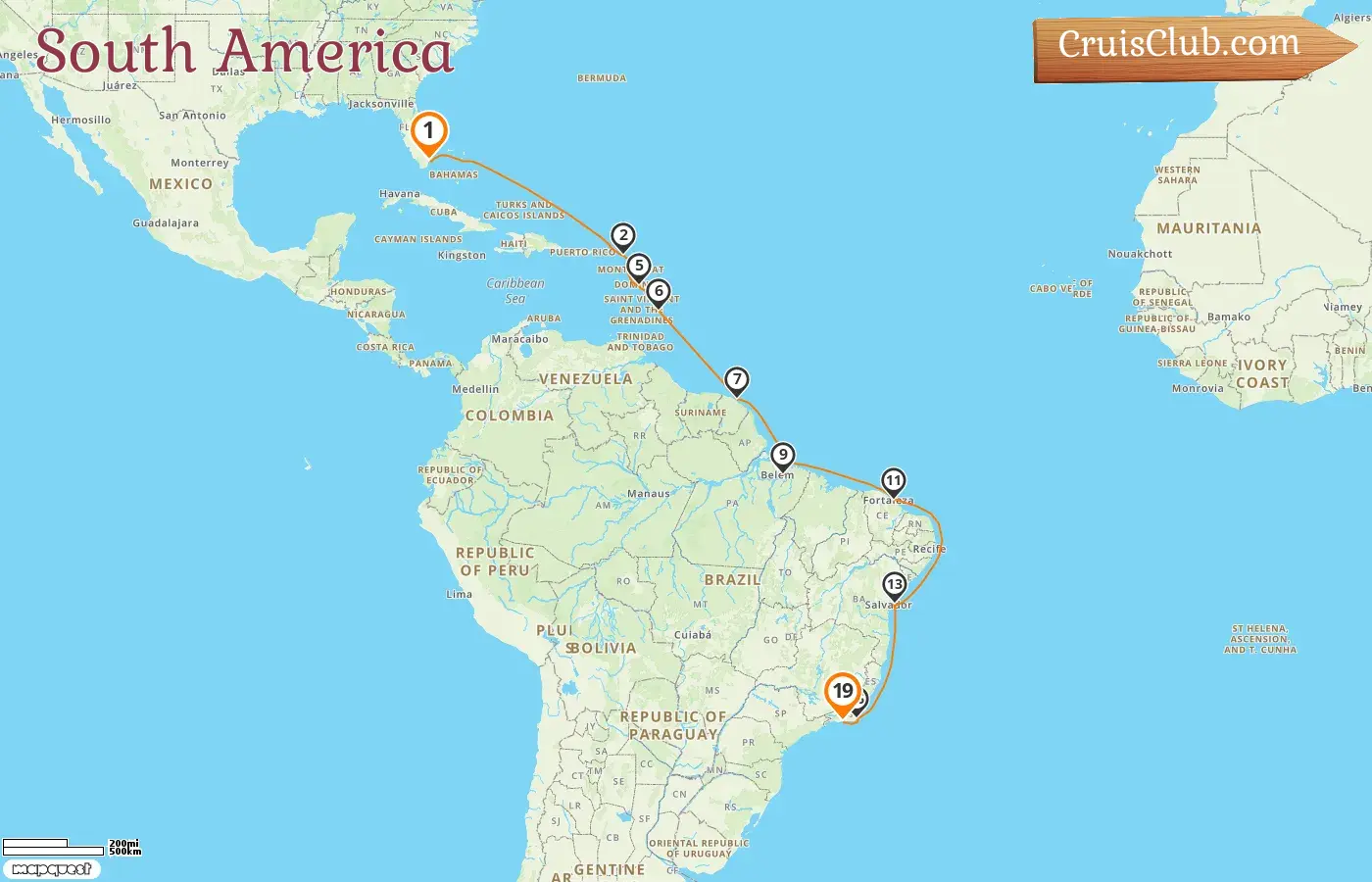 Cruise in the South America from Miami to Rio de Janeiro aboard Oceania Vista ship with visits to USA, Saint Barthélemy, Barbados, French Guiana, and Brazil for 19 days