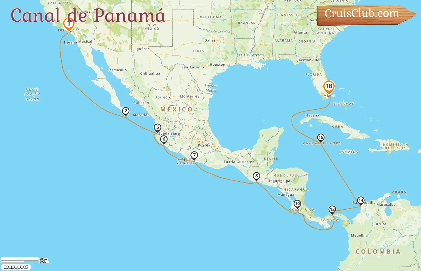 Crucero en el Canal de Panamá de Los Ángeles a Miami a bordo del buque Oceania Vista con visitas a EE. UU., México, Guatemala, Costa Rica, Panamá, Colombia e Islas Caimán durante 18 días