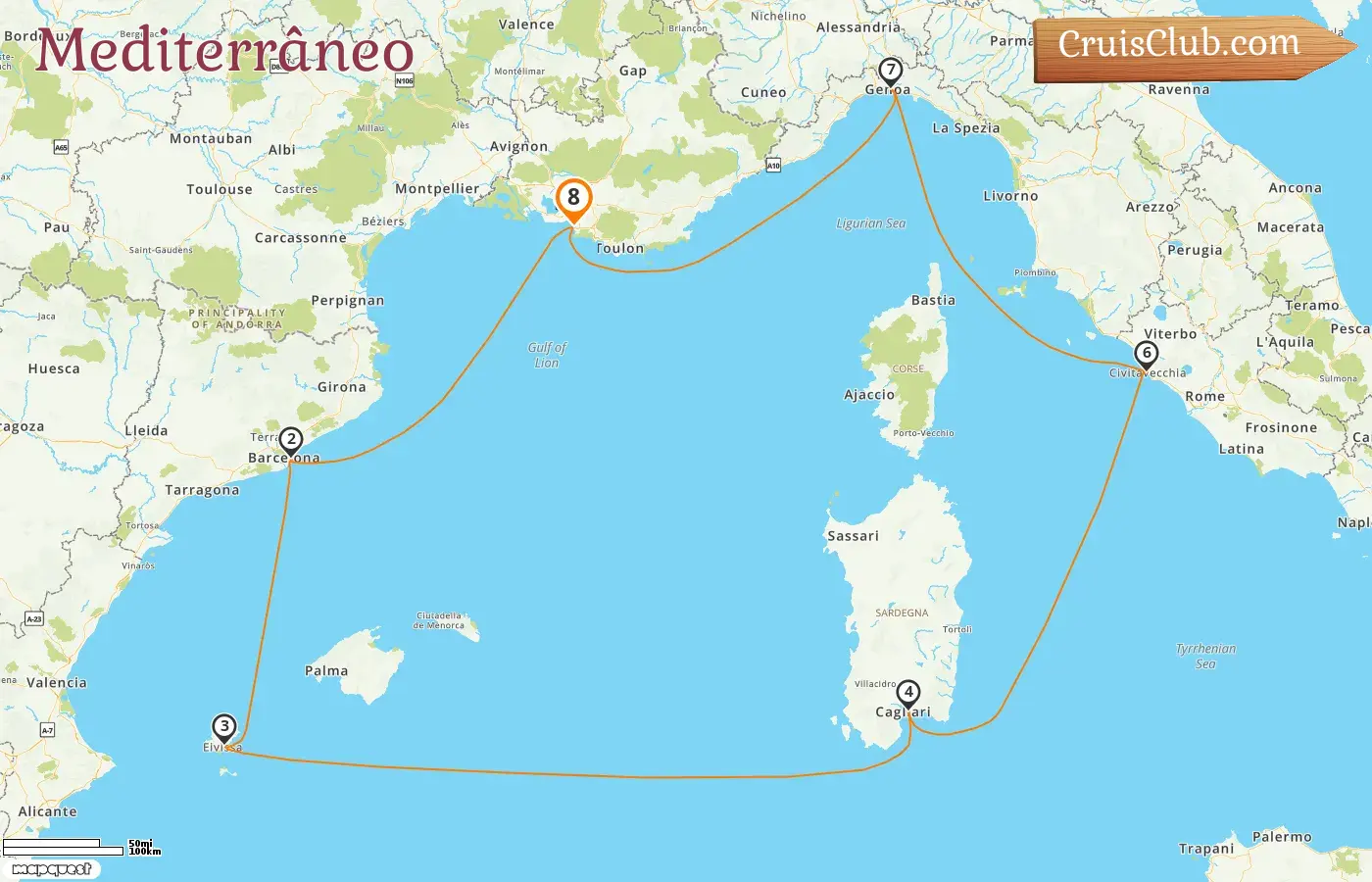 Cruzeiro no Mediterrâneo a partir de Marselha a bordo do navio MSC Orchestra com visitas à França, Espanha e Itália por 8 dias