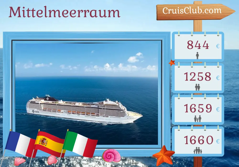 Kreuzfahrt im Mittelmeer ab Marseille an Bord des MSC Orchestra-Schiffs mit Stopps in Frankreich, Spanien und Italien für 8 Tage