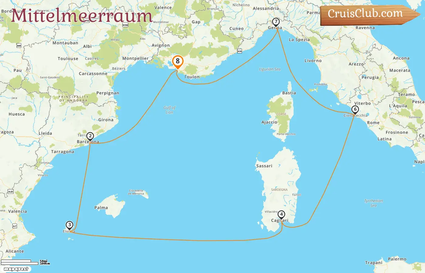 Kreuzfahrt im Mittelmeer ab Marseille an Bord des MSC Orchestra-Schiffs mit Stopps in Frankreich, Spanien und Italien für 8 Tage