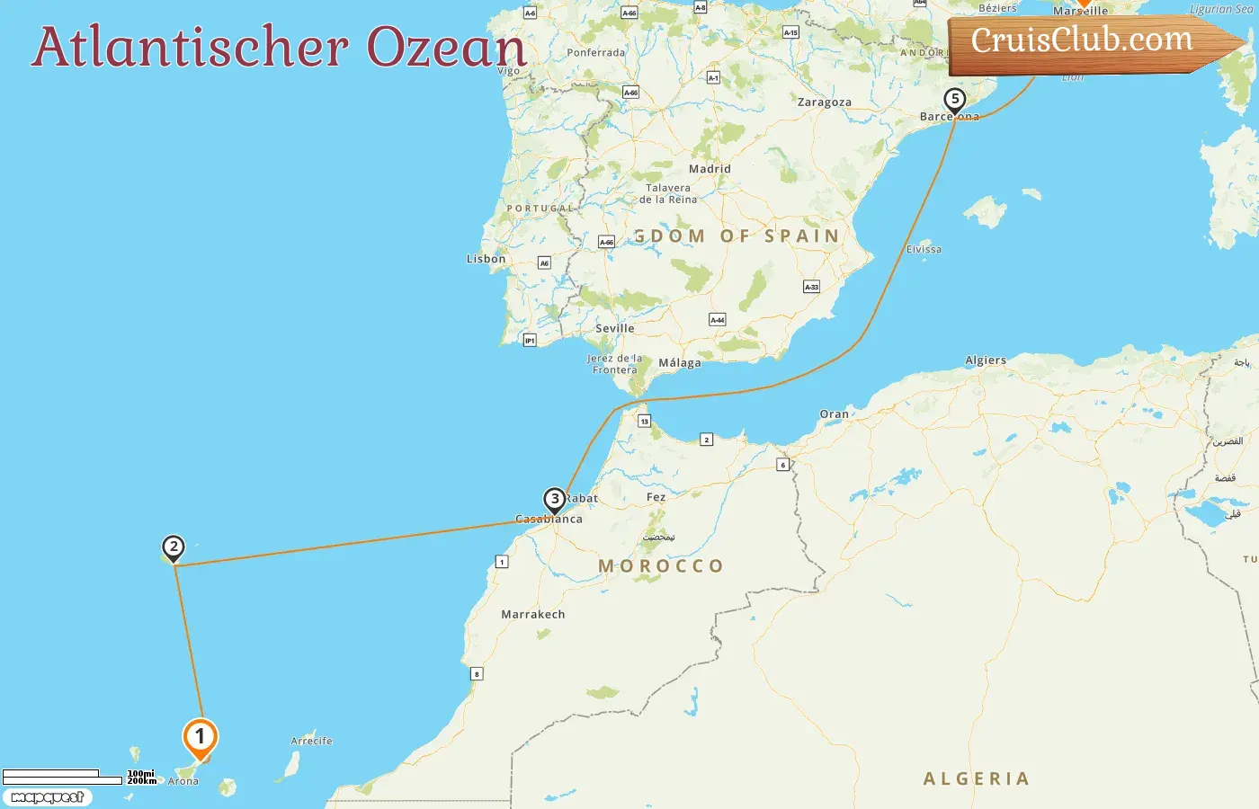 Kreuzfahrt im Atlantik von Santa Cruz de Tenerife nach Marseille an Bord des Schiffes Costa Fortuna mit Besuchen in Spanien, Marokko und Frankreich für 7 Tage